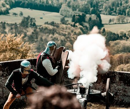 Lichtenberg, France - May 1, 2019: Medieval festival with costumes, actors and many activities for...