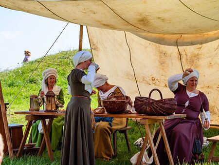 Lichtenberg, France - May 1, 2019: Medieval festival with costumes, actors and many activities for...