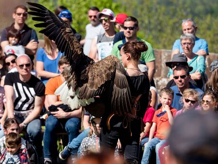 Lichtenberg, France - May 1, 2019: Medieval festival with costumes, actors and many activities for...