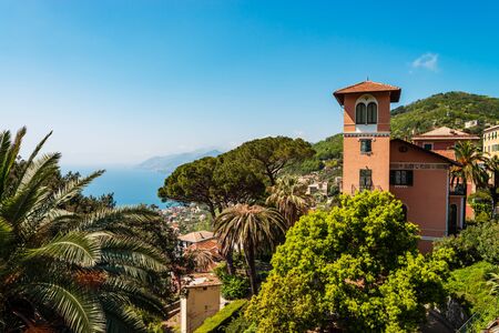 Bright and colorful Italian cityscape. Sunlit streets. Colorful houses. Warm and comfortable. Tourism and travel. The sea, palm trees and ancient shutters on all windows and balconies.の写真素材