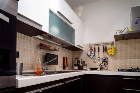 Modern comfortable kitchen, equipped with everything you need. Nice place to cook. Interior.