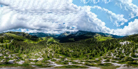 Alpine 360-degree panoramic view from drone, summer day