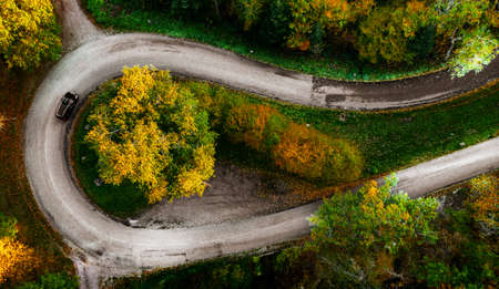 Zigzag road, framed by orange autumn forest. Serpentine climbs the Vosges mountains in Alsace. The...