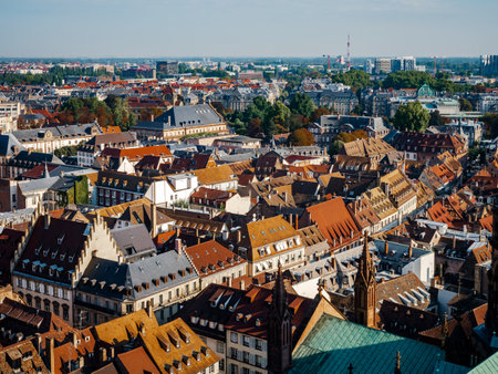 Aerial view of the city of Strasbourg. Sunny day. Red tiled roofs. Small, like the toy houses of the old city.の写真素材