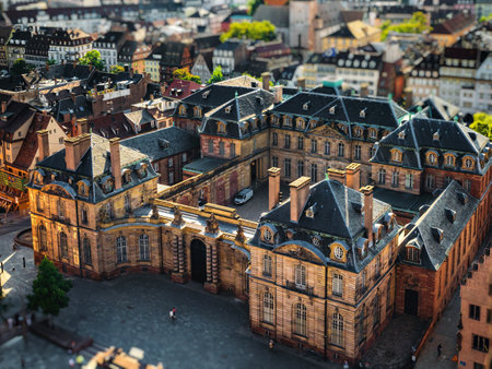 Aerial view of the city of Strasbourg. Sunny day. Red tiled roofs. Palais Rohan, Rohan Palace.の写真素材