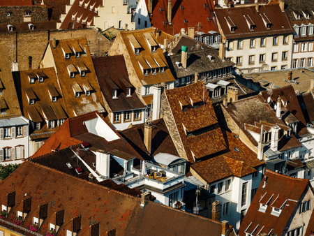 Aerial view of the city of Strasbourg. Sunny day. Red tiled roofs. Small, like the toy houses of the old city.の写真素材