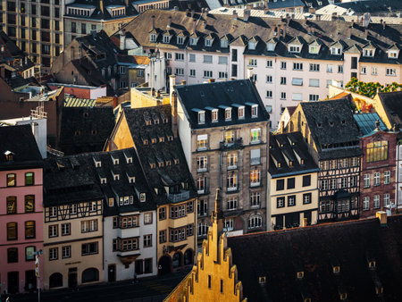 Aerial view of the city of Strasbourg. Sunny day. Red tiled roofs. Small, like the toy houses of the old city.の写真素材