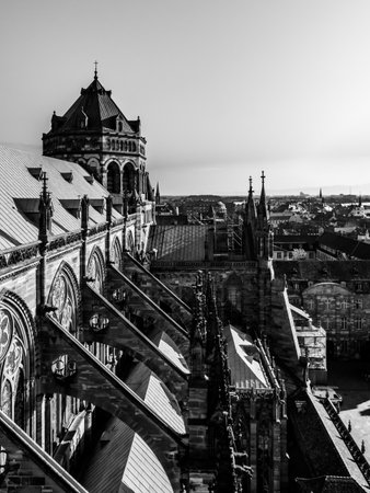 Buttresses and other Gothic elements of the tallest cathedral, Strasbourg. France.の写真素材