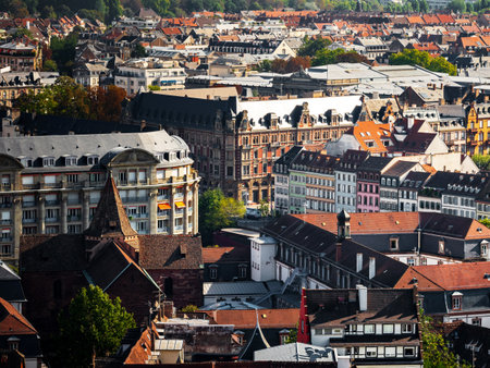 Aerial view of the city of Strasbourg. Sunny day. Red tiled roofs. Small, like the toy houses of the old city.の写真素材