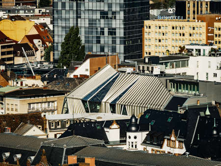 Aerial view of the city of Strasbourg. Sunny day. Red tiled roofs. Small, like the toy houses of the old city. Shop Printemps.のeditorial素材
