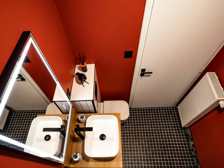 The minimalistic interior of the combined bathroom. Shower and toilet. Saving space...の写真素材