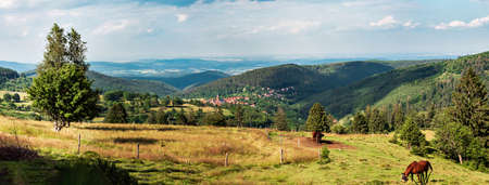 Landscape of Alsace. The Vosges mountains, green meadows, beautiful churches in small mountain...