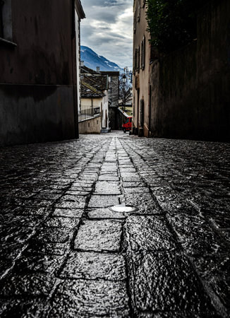 Old stones of the medieval street in swiss city, Europeの写真素材