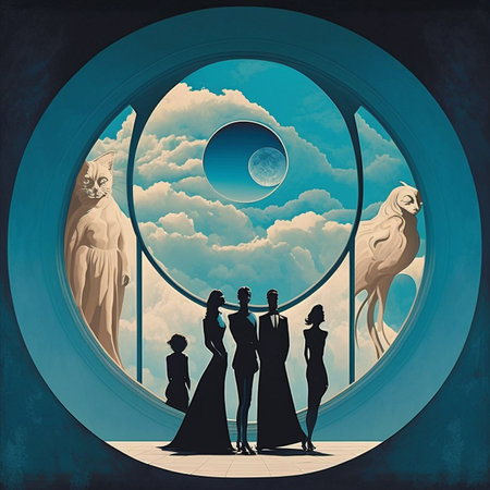 Retro style illustration of bride and bridesmaids looking in the window.の素材