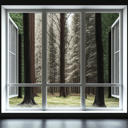 3d rendering of an open window with a view of the forestの素材