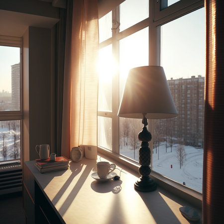 A cup of coffee on the windowsill in the morning. 3d renderingの素材
