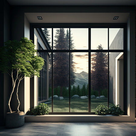 Interior of a modern living room with a large window overlooking the mountainsの素材
