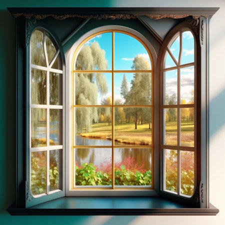 Window with a view of the lake and forest. 3d renderの素材