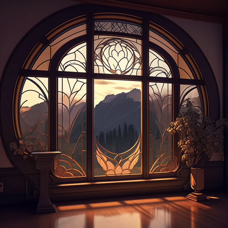 3d illustration of a window overlooking the mountains in the morning.の素材