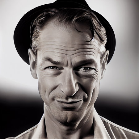 Portrait of a handsome man in a hat. Studio shot.の素材