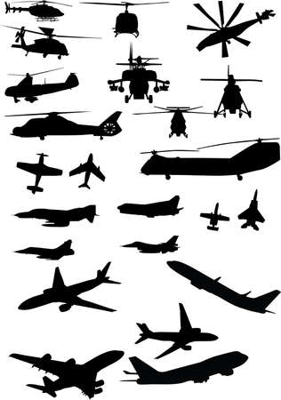 assorted helicopter and airplane silhouettes in blackのイラスト素材