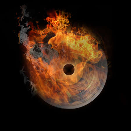 vinyl in fire, very hot illustration on blackの写真素材