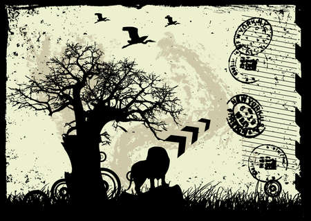 vector grunge background with tree and lionのイラスト素材