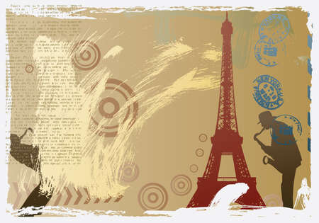 post card design with eiffel tower and saxophonistのイラスト素材