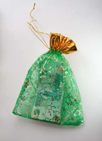 Money Bag of green color with roublesの写真素材