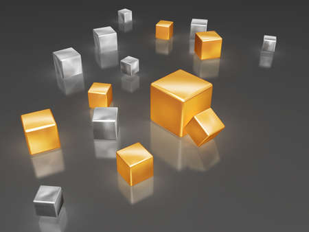 golden and silver cubes with reflection on dark backgroundの写真素材