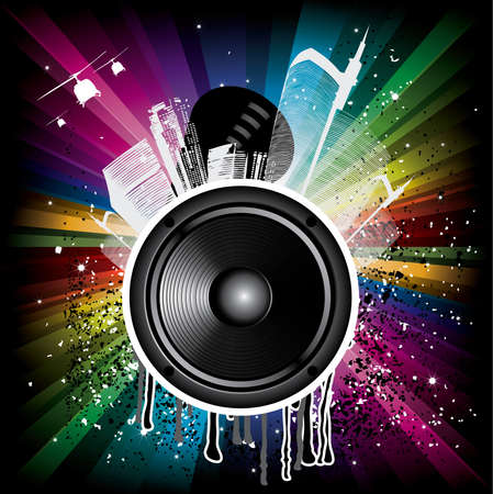 Magic Rainbow Party background with speaker and housesのイラスト素材