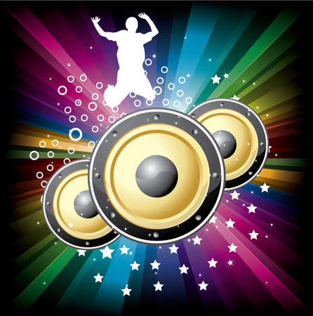 cool music colorful disco background with jumper and golden speakerのイラスト素材