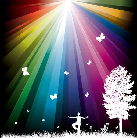 abstract background with rainbow woman tree and chairのイラスト素材