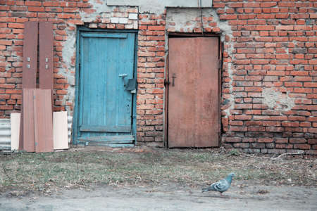 red and blue doors , red break wall and pigeonの写真素材