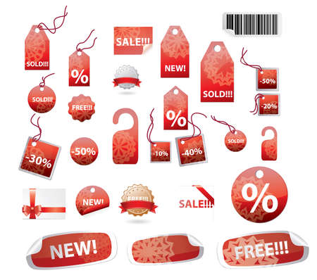 vector set of shopping tags and stickers in red color with snowflakes ornamentのイラスト素材