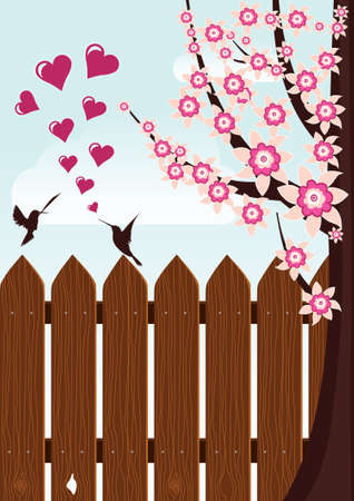 bird's love near beautiful tree with pink flowers and over a fenceのイラスト素材