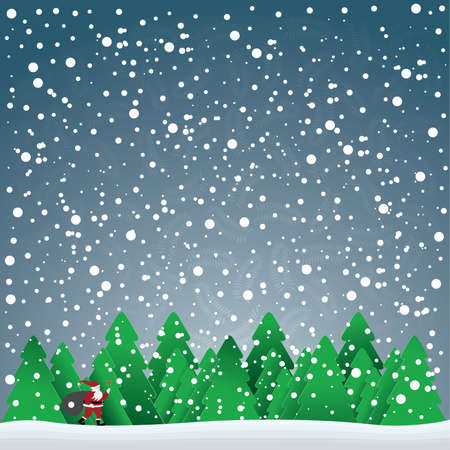 christmas card with Santa Claus in forest and snowflakes in the blue sky, vector illustrationのイラスト素材