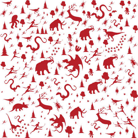 seamless background with Prehistoric Era, animals in red colorのイラスト素材