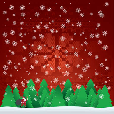 christmas card with Santa Claus in forest and snowflakes in the sky, illustrationのイラスト素材