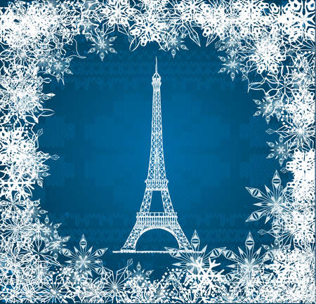 Vector Eiffel Tower with snowflakes on blue knitted backgroundのイラスト素材