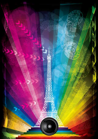 vector card with eiffel tower and neon lights on a rainbow backgroundのイラスト素材