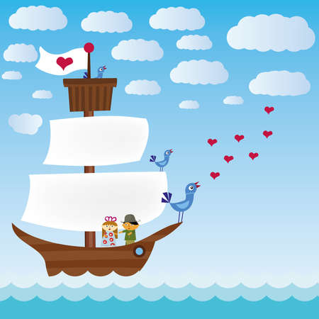 ship with three singing birds in sea and lover pairのイラスト素材