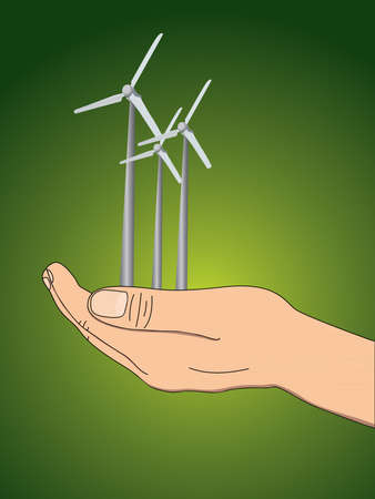 ecology concept with hand which give wind power station. vector illustrationのイラスト素材