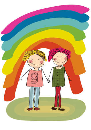 Two best friends smiling on rainbow backgroundのイラスト素材