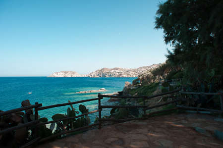 Blue lagoon on Crete with rocks and cactus, Greeceの写真素材