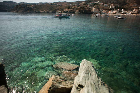 Blue lagoon on Crete with boats, Greece
