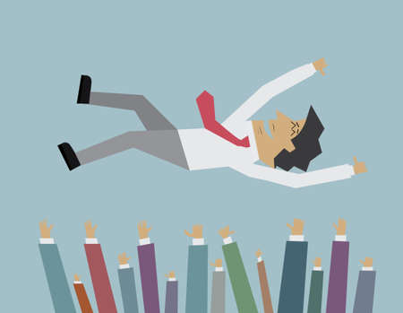 Vector Illustration of Successful businessman in the air being throwing up by his colleagueのイラスト素材