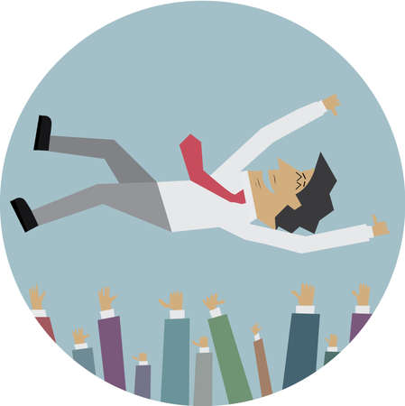 Vector Illustration of Successful businessman in the air being throwing up by his colleagueのイラスト素材