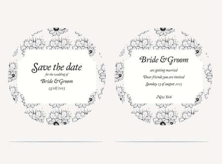 Wedding invitation cards with grey flowers and oak leavesのイラスト素材