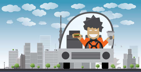 Man drive and eat in a car Vector illustrationのイラスト素材